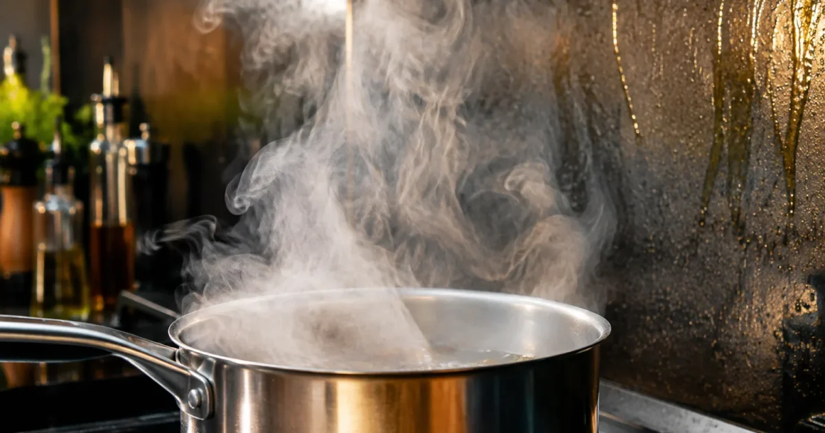 Vapeur blanche montant de casserole vers paroi grasse