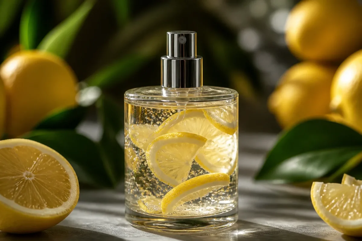 Flacon vaporisateur rempli eau citron agitation légère