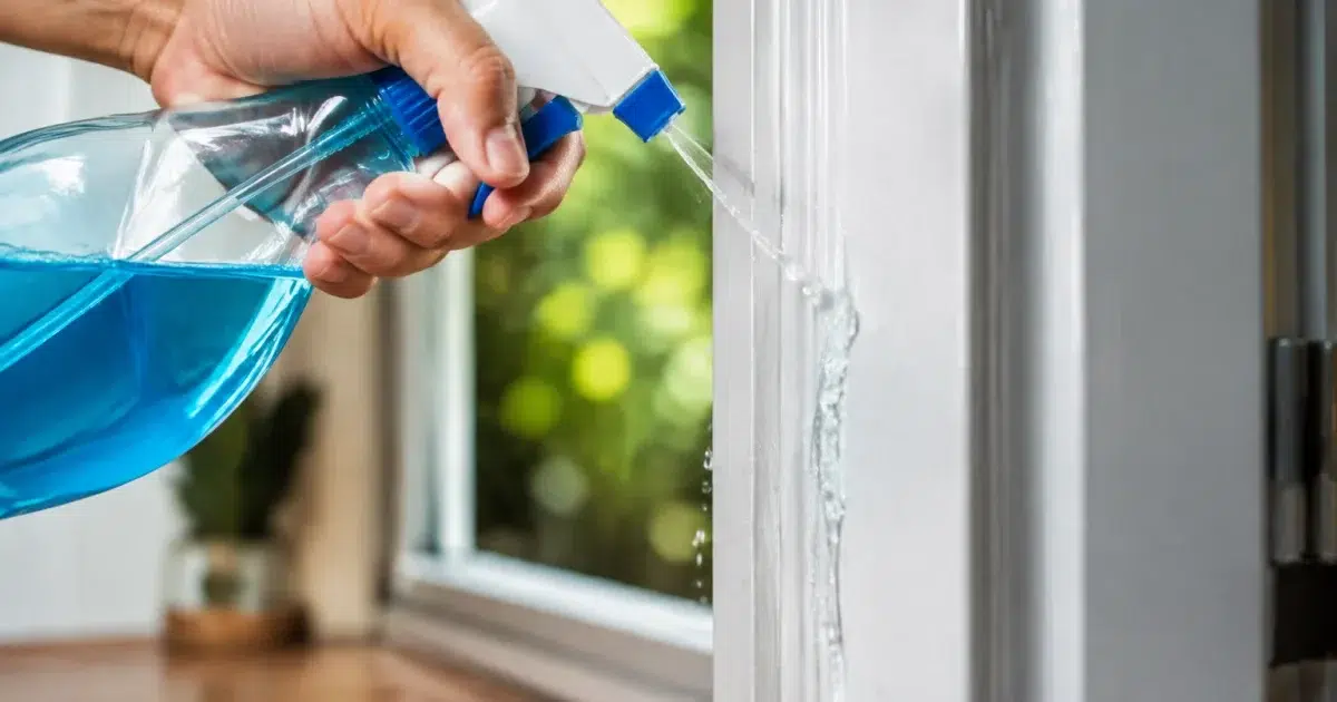 Bouteille de vaporisateur versant liquide sur encadrement de porte
