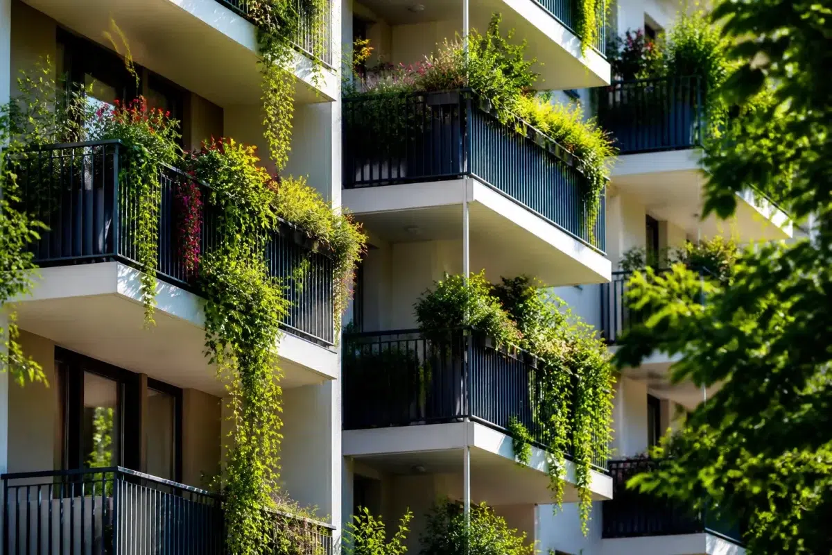 Immeuble collectif avec balcons et plantes vertes flourissantes