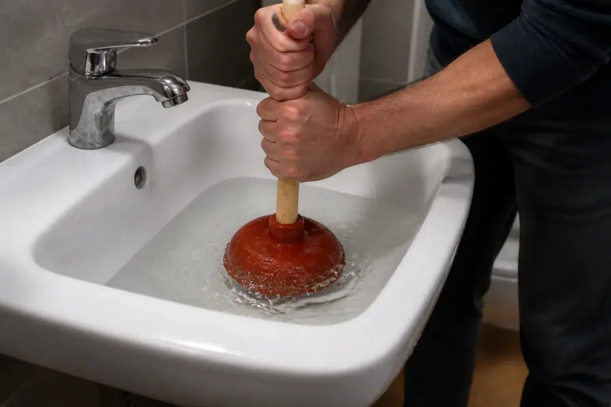 Ventouse plomberie nettoyant tuyau obstrué avec eau