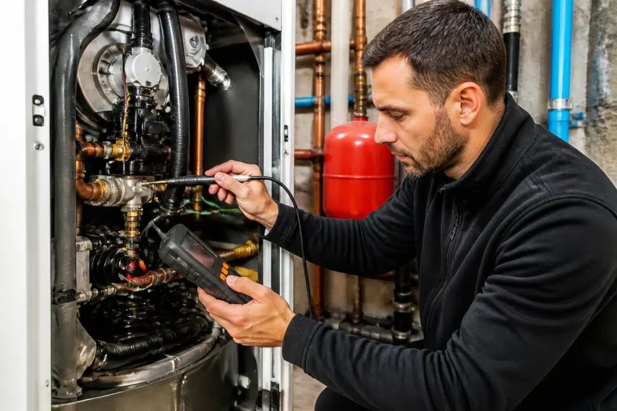 Technicien inspectant chaudière avec outils diagnostiques professionnels