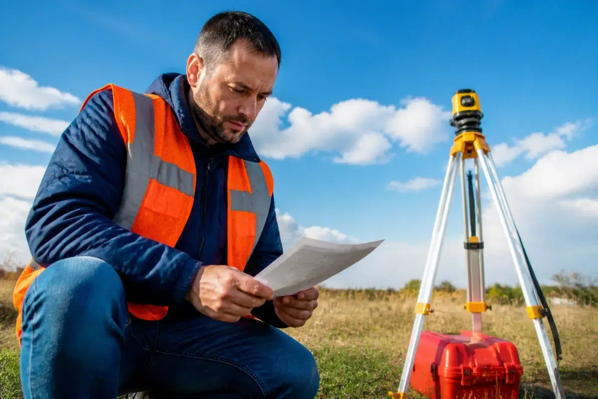 Surveyor examining property documents with measuring tools outdoors