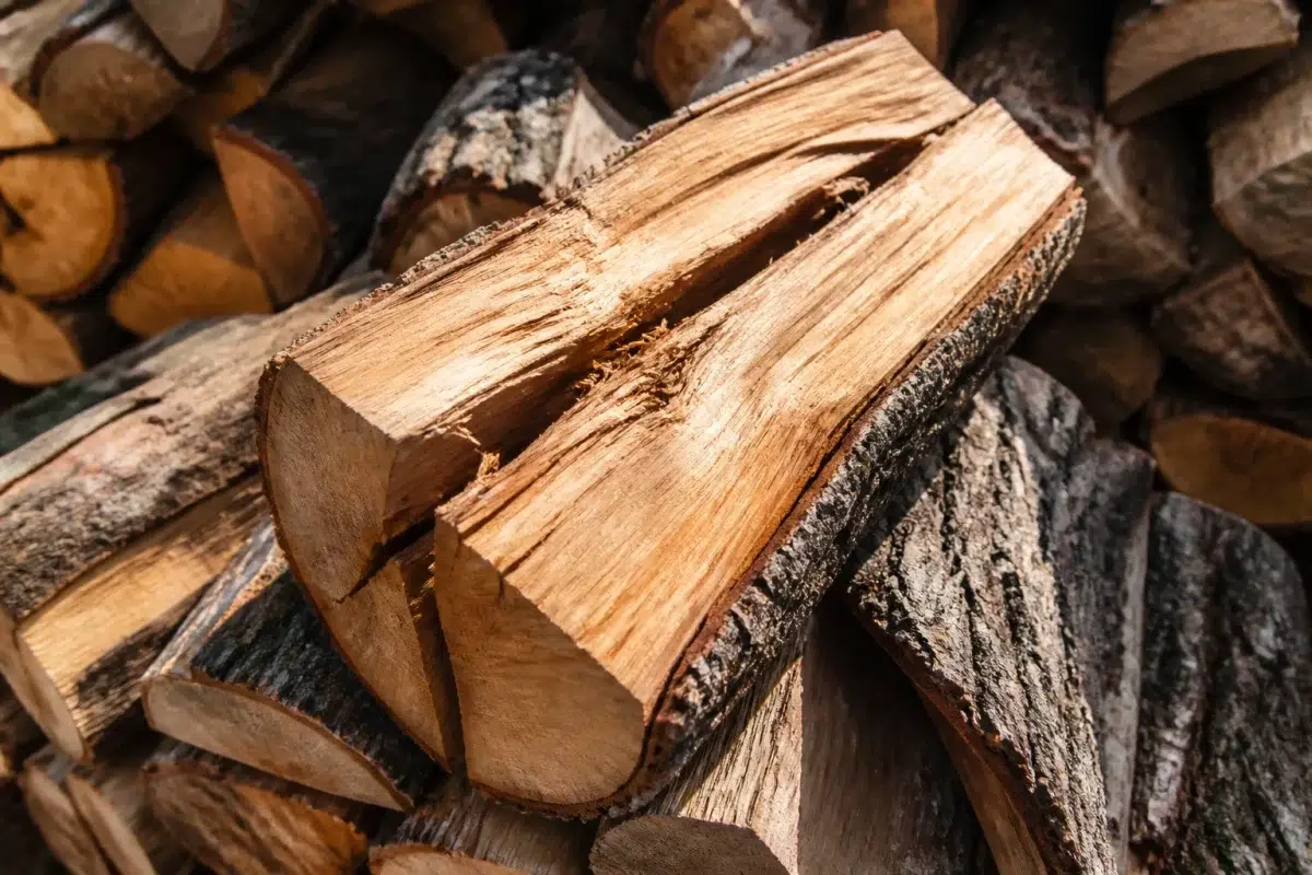 Buche de bois fendue montrant fissures naturelles visibles
