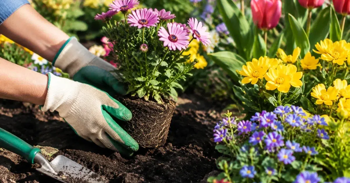 Mains plantant une vivace colorée dans un parterre fleuri de printemps