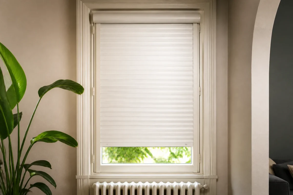 Volet roulant interieur blanc ferme sur fenetre ancienne