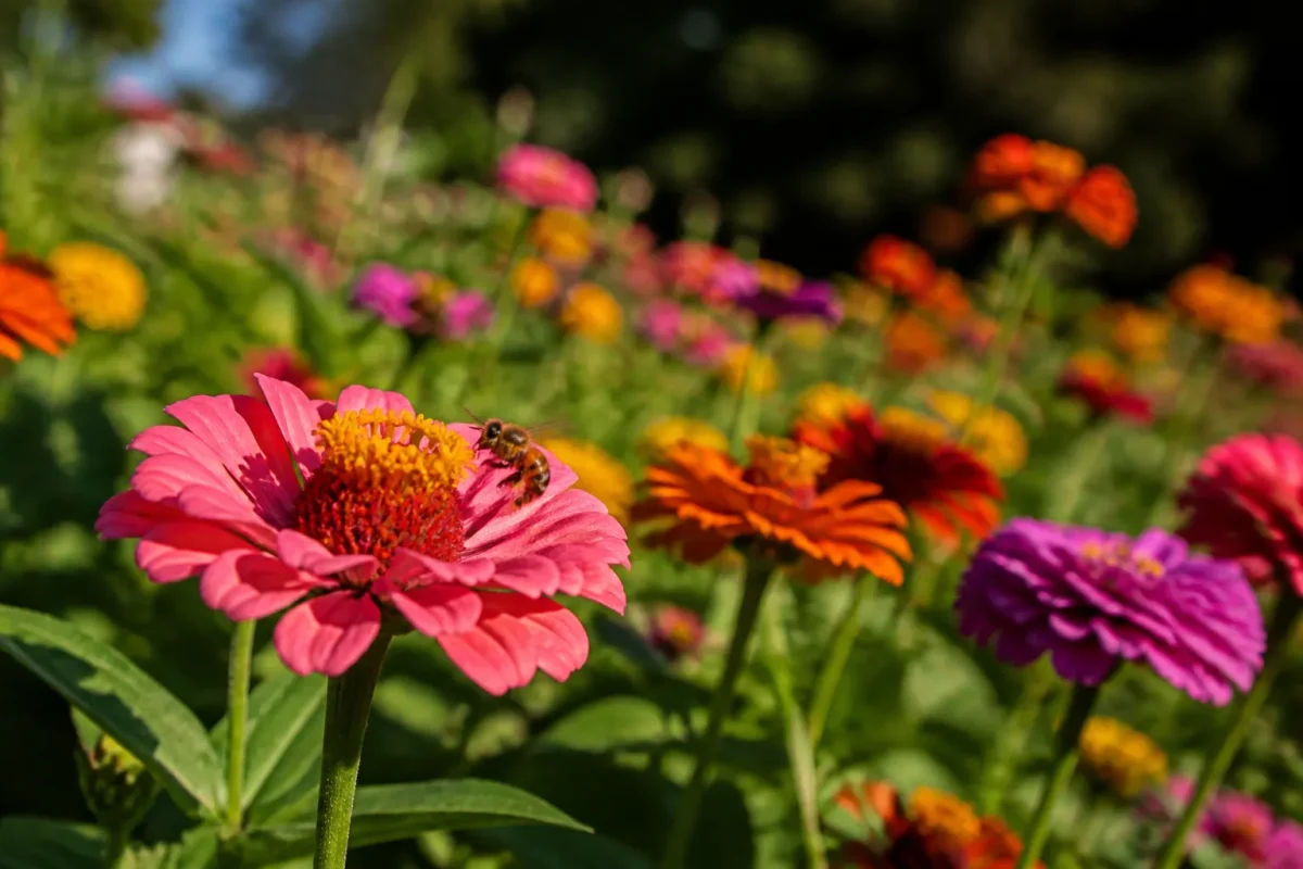 Abeille butinant des fleurs annuelles colorees dans un massif