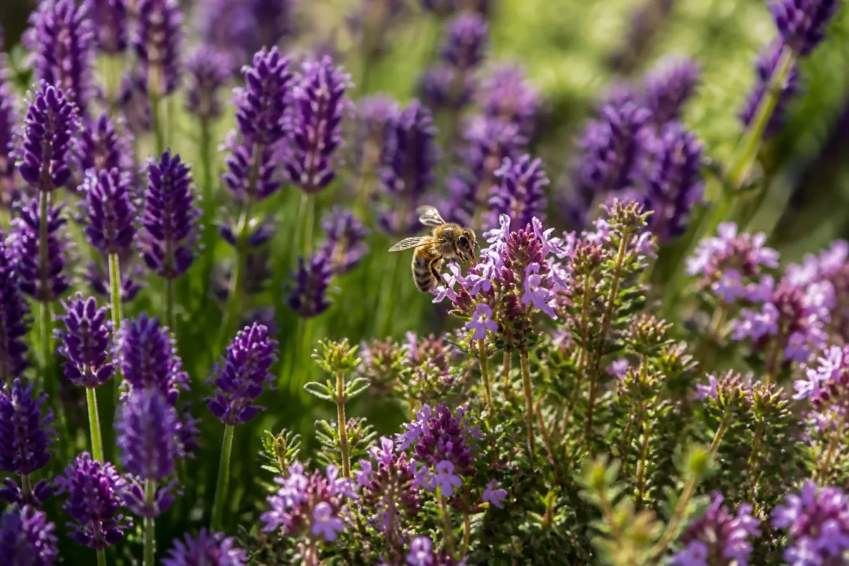 Abeille butinant une fleur mauve entre lavande et thym