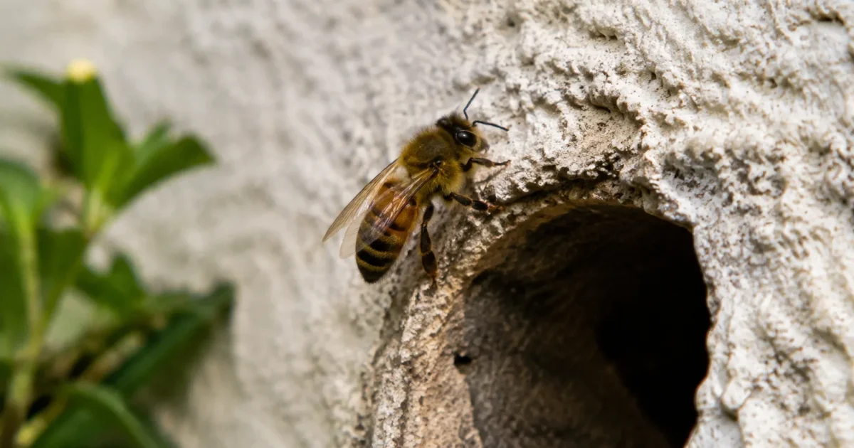 Une abeille posee sur le bord dun trou mural
