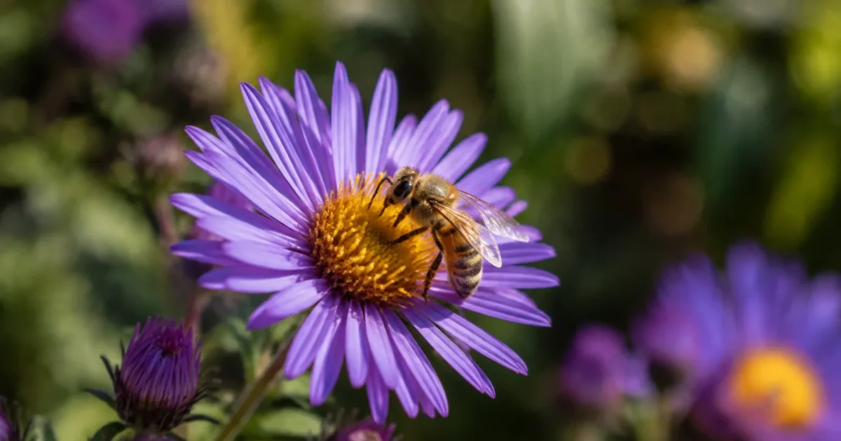 Abeille posee sur une fleur violette tardive
