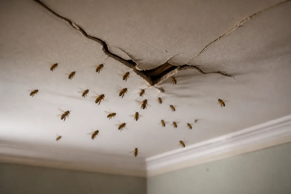 Abeilles affolees pres dune fissure au plafond