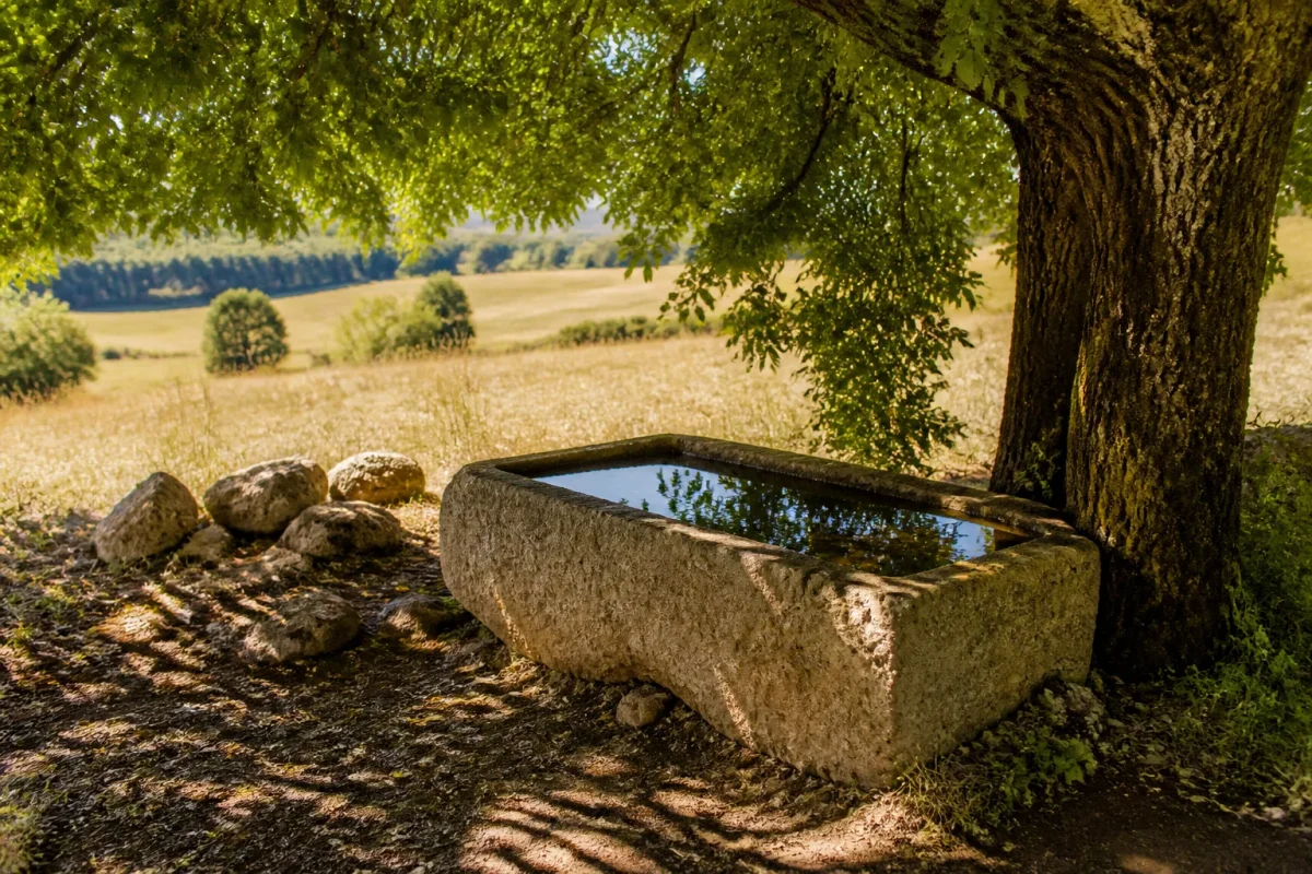 Abreuvoir en pierre plein d eau sous un arbre