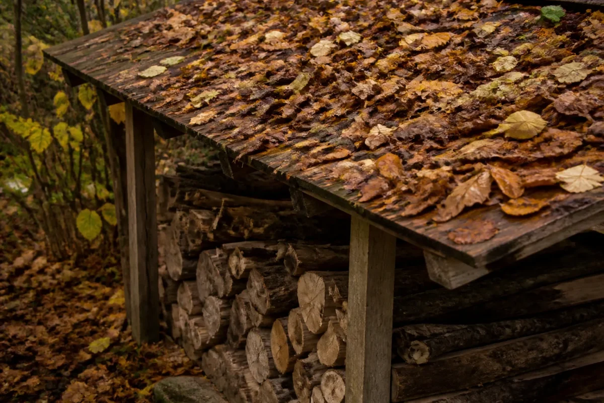 Abri en bois couvert de feuilles mortes au jardin