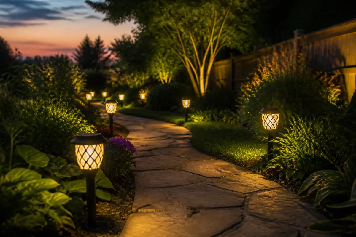 Allee de jardin balisee de lampes solaires au crepuscule