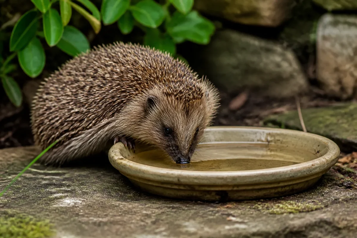 Petit animal epineux boit dans une gamelle peu profonde