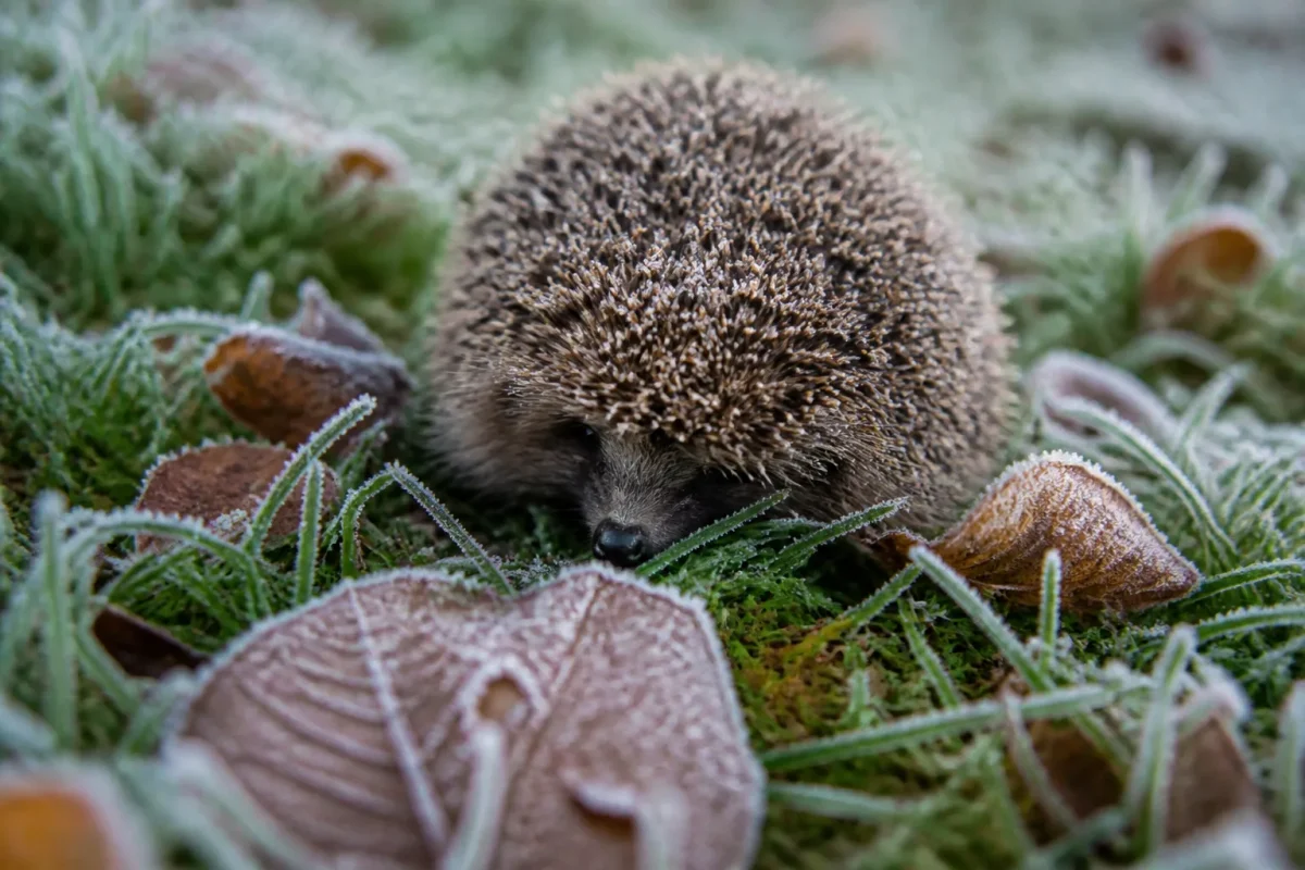 Petit animal epineux immobile sur pelouse givree, feuilles mortes