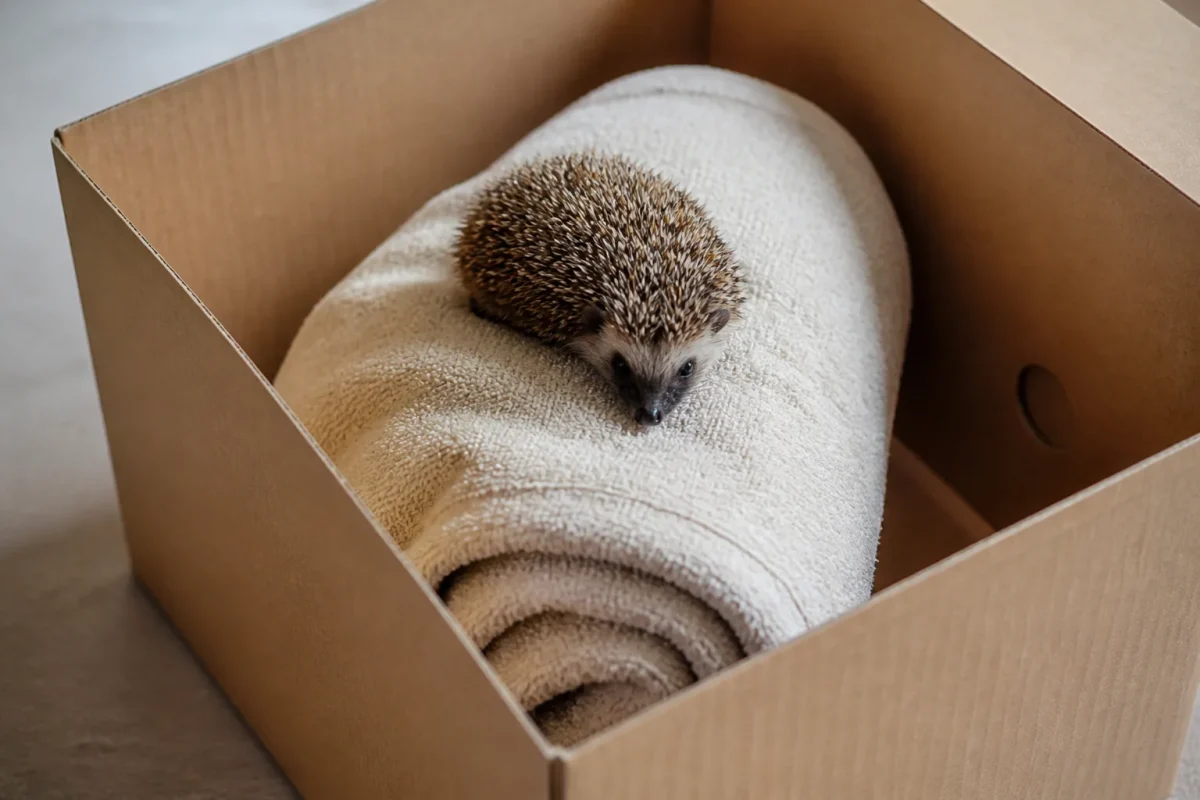 Petit animal epineux roule sur serviette dans carton