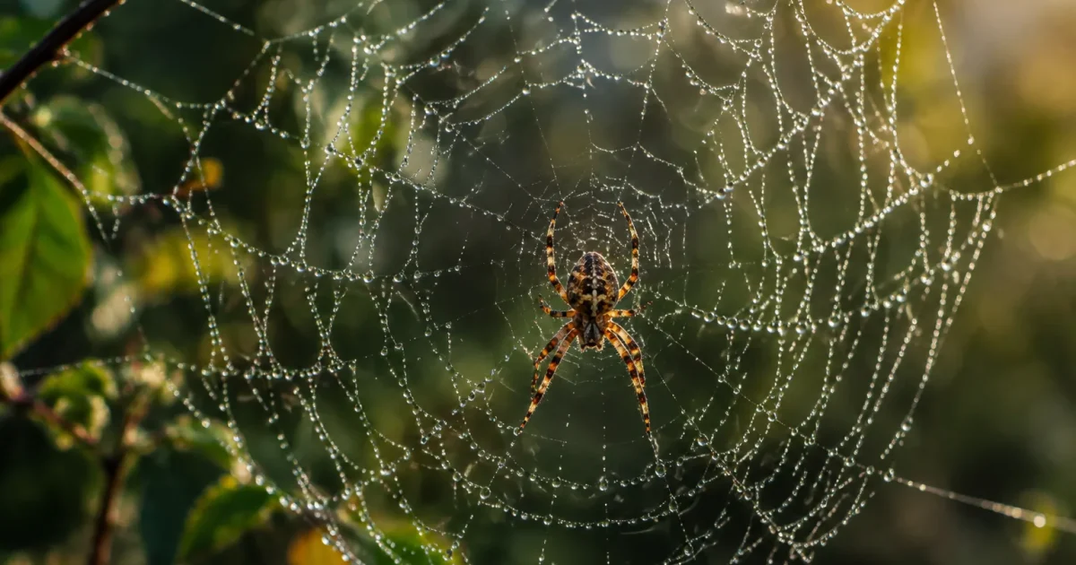 Arachnide tisseuse suspendue au centre de sa toile humide