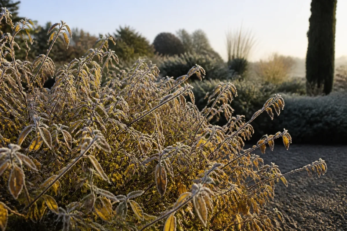 Arbuste lippia aux feuilles jaunies et brunies sous givre