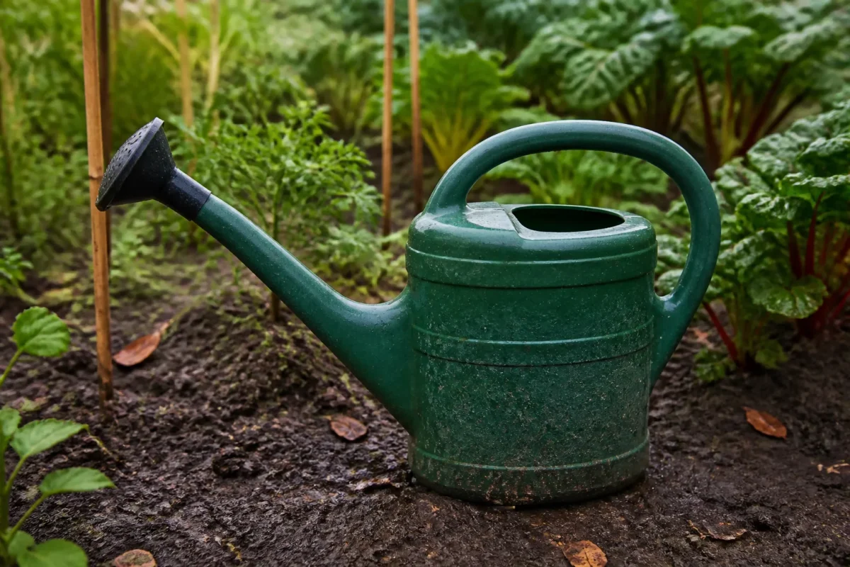 Arrosoir vert pose sur la terre humide du potager