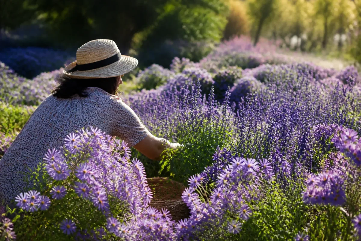 Asters violets et sauges bleues en plein soleil