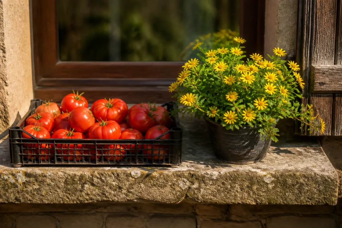 Bac de tomates et fleurs jaunes sur un rebord