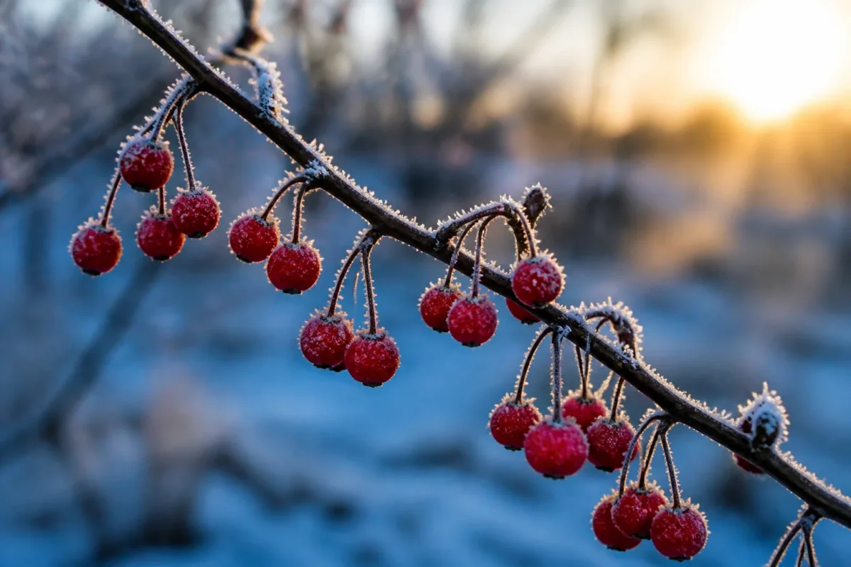 Baies rouges sur une branche givree au petit matin