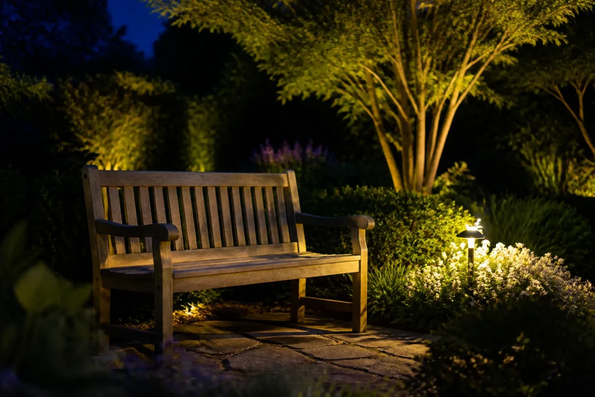 Banc en bois dans un jardin nocturne