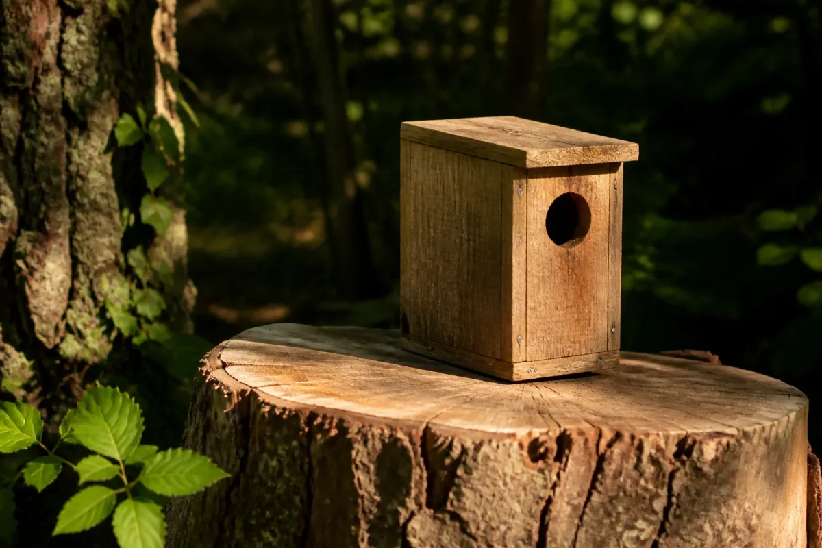 Boite en bois au trou rond sur un tronc