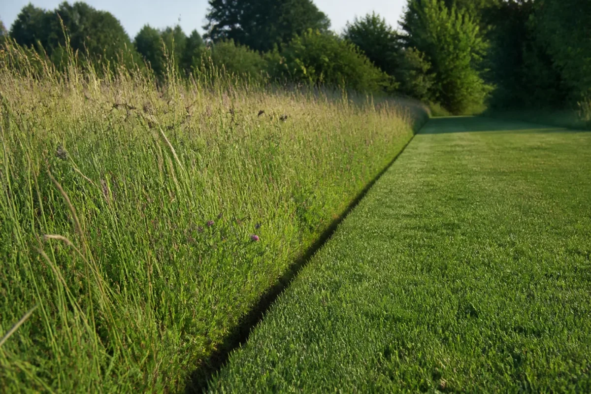 Bordure de gazon tondu net pres dune prairie haute