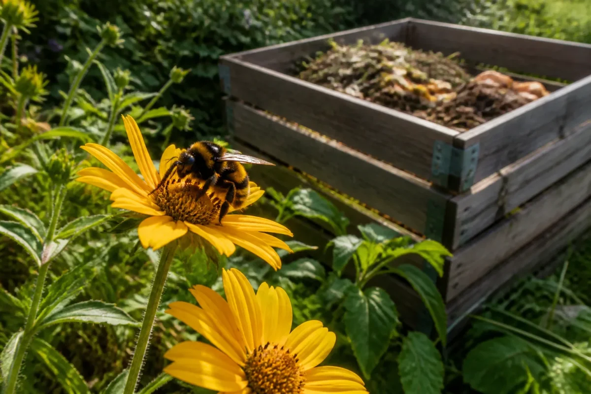 Bourdon butinant une fleur jaune devant composteur en bois