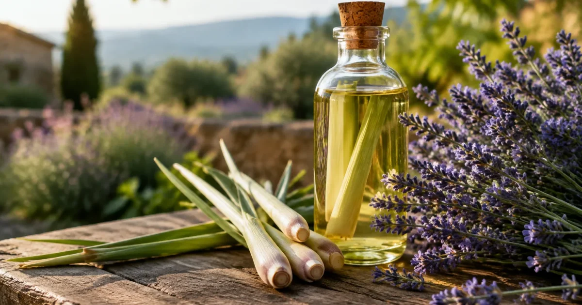 Bouteille de citronnelle posée près de fleurs de lavande