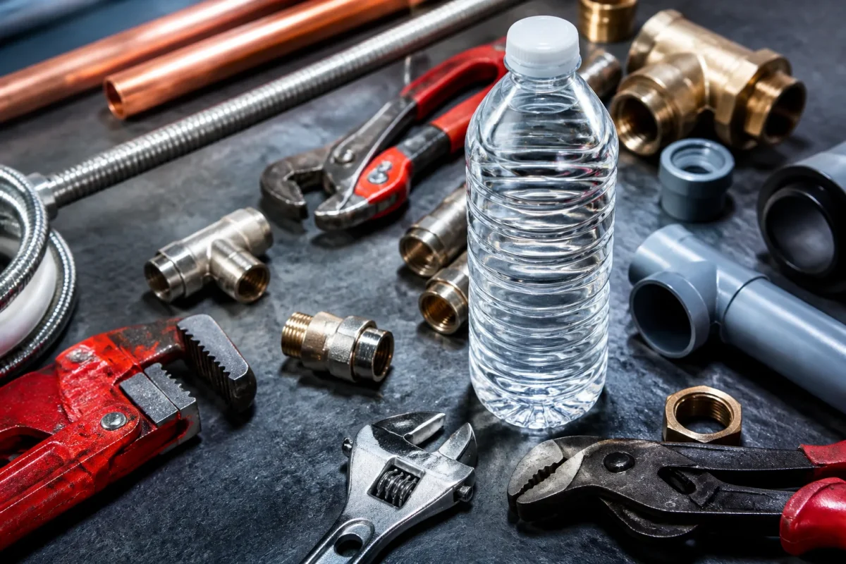 Bouteille eau parmi arsenal outils plombier professionnel
