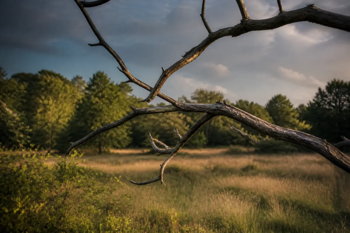 Branche nue d'arbre mort dominant une clairiere