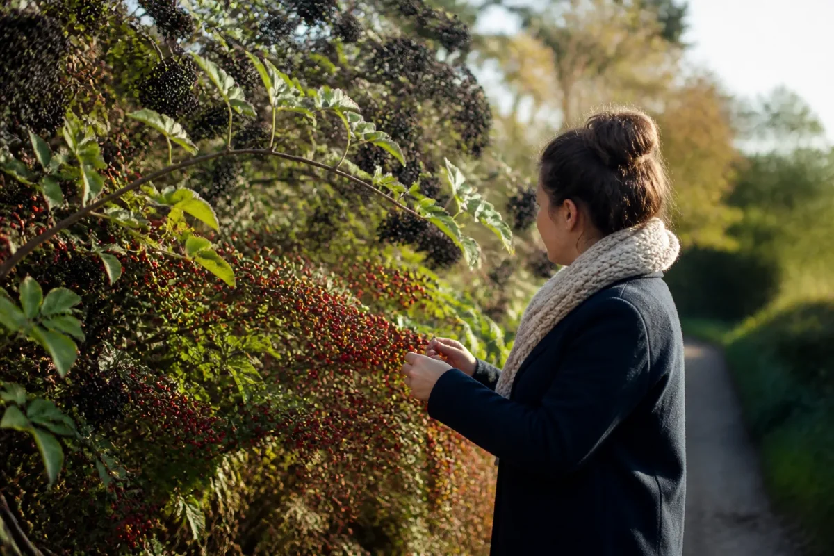 Branches de sureau et cotoneaster chargees de baies rouges