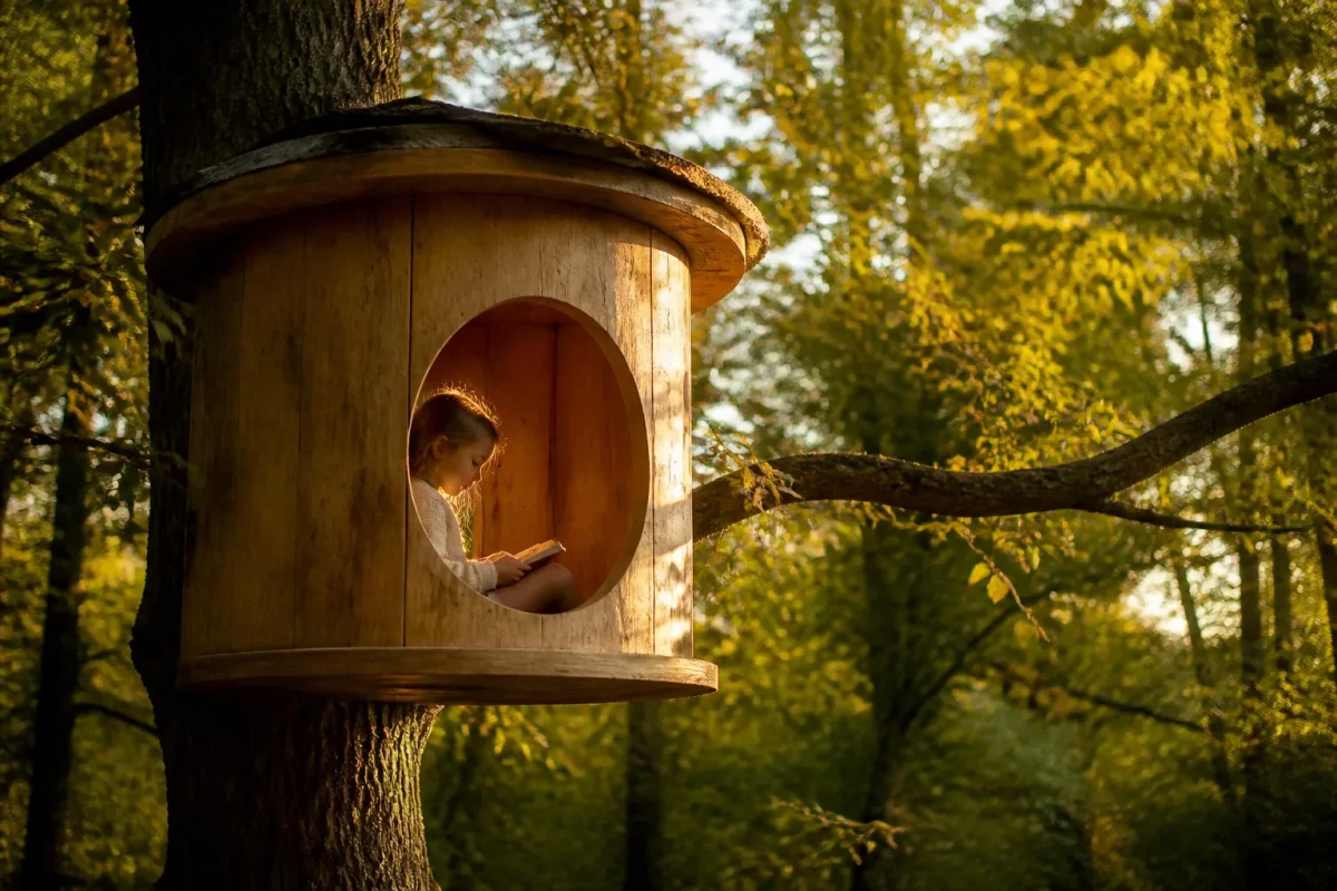 Cabane en bois clair avec ouverture ronde sur tronc