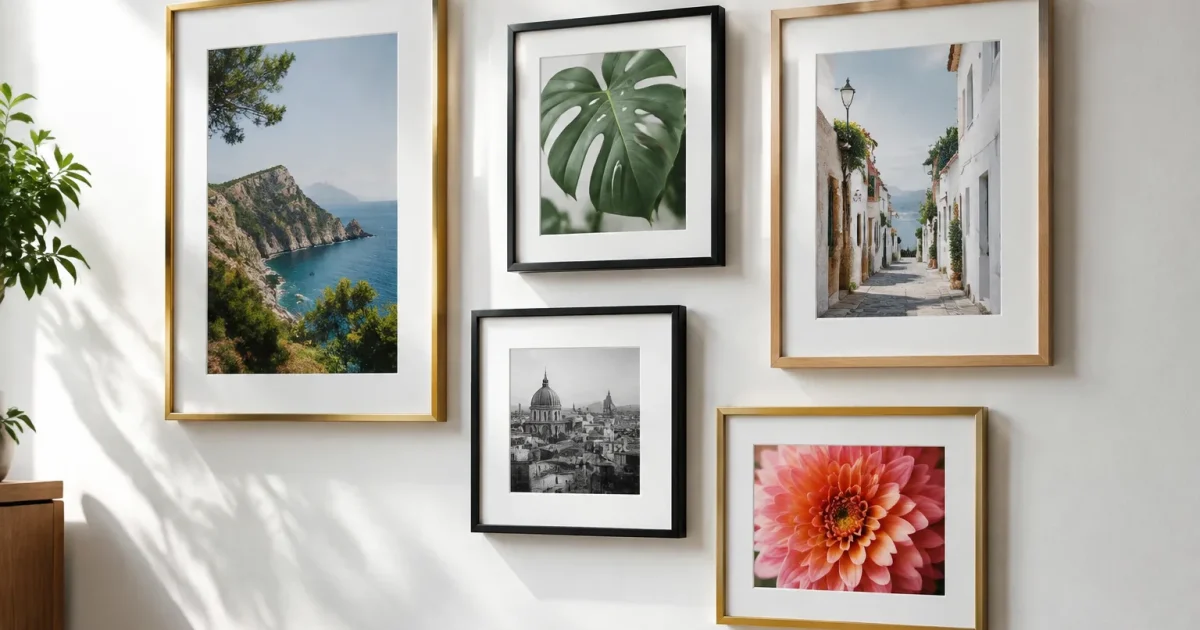 Cadres de styles differents accroches au mur blanc
