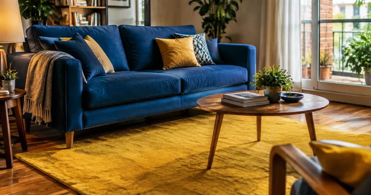 Salon avec canape bleu et tapis jaune au sol
