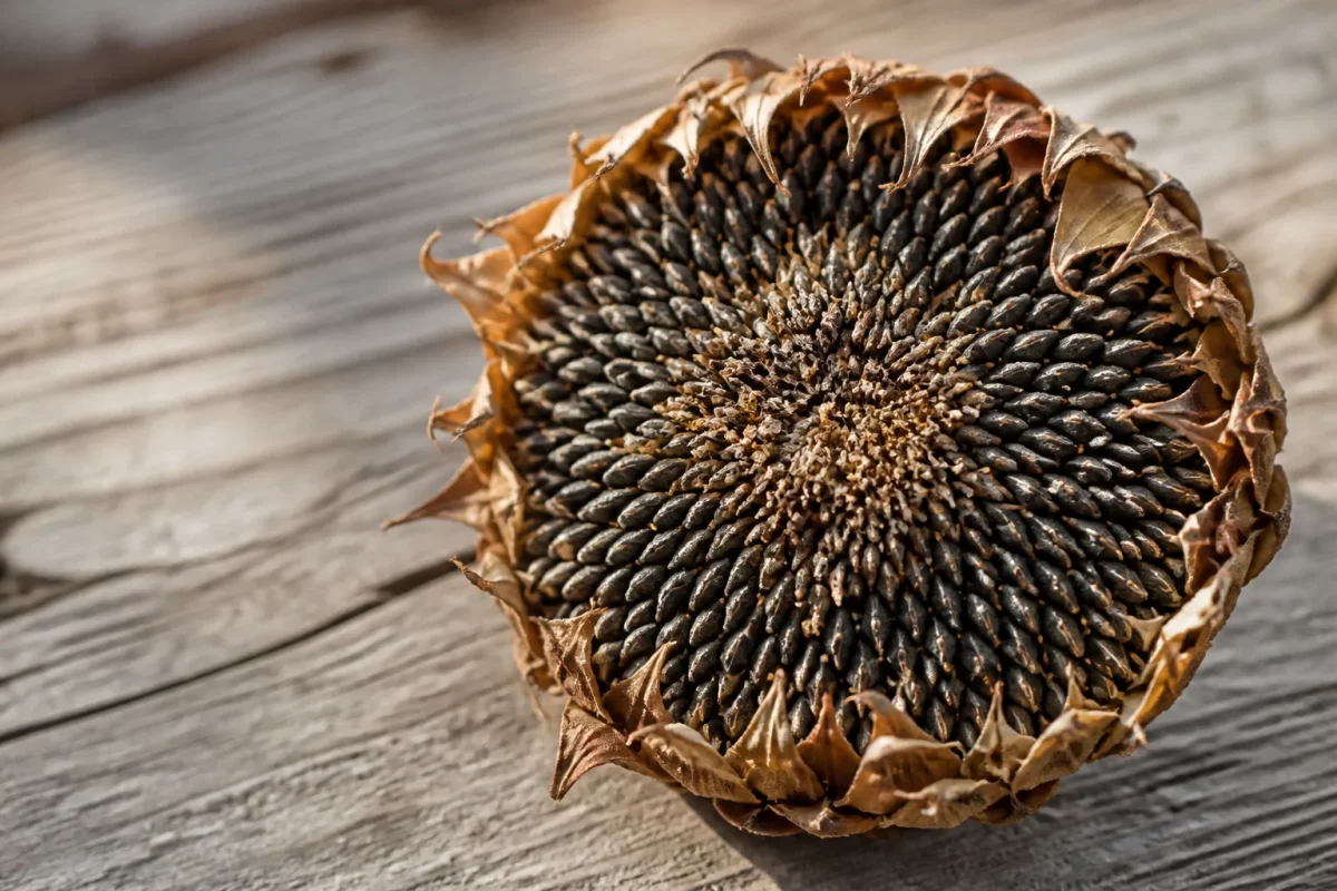 Capitule de fleur brun avec graines dodues au centre