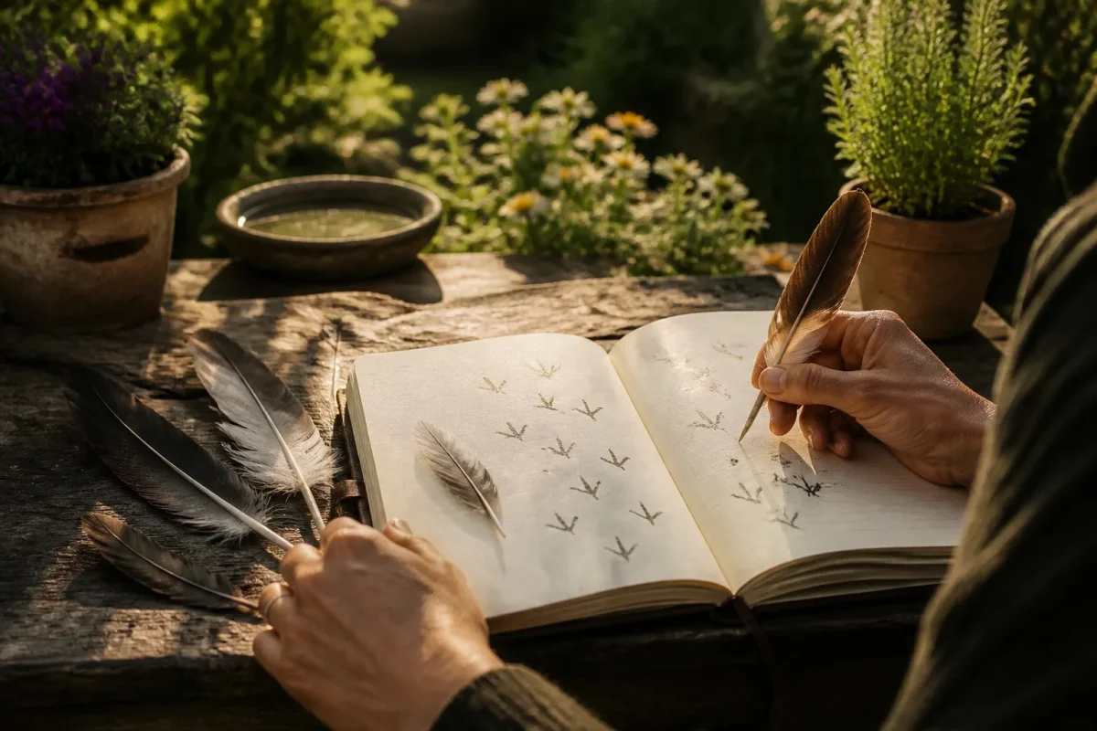 Carnet ouvert avec plumes et empreintes dans un jardin