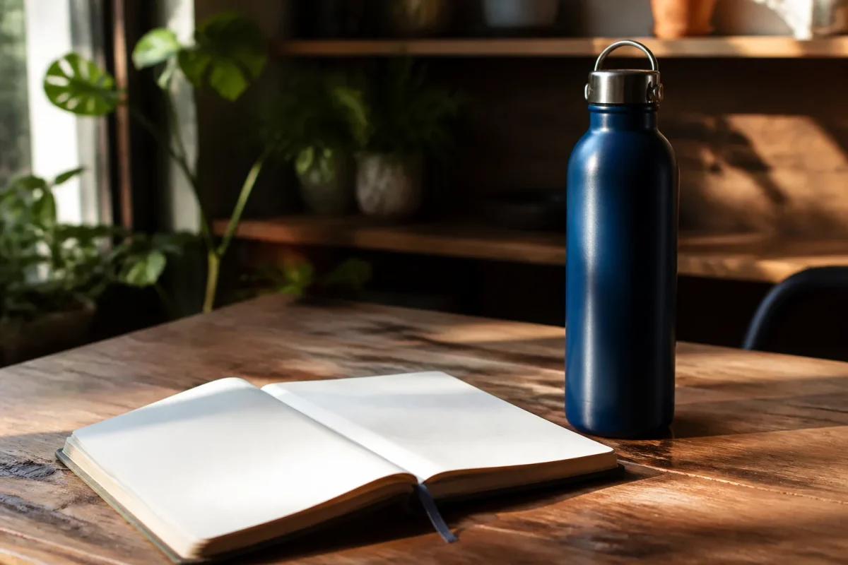 Carnet ouvert sur table en bois avec gourde bleue