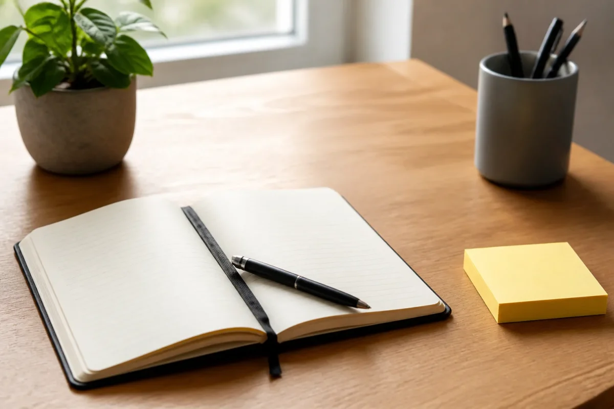 Carnet ouvert stylo noir et notes jaunes sur bureau