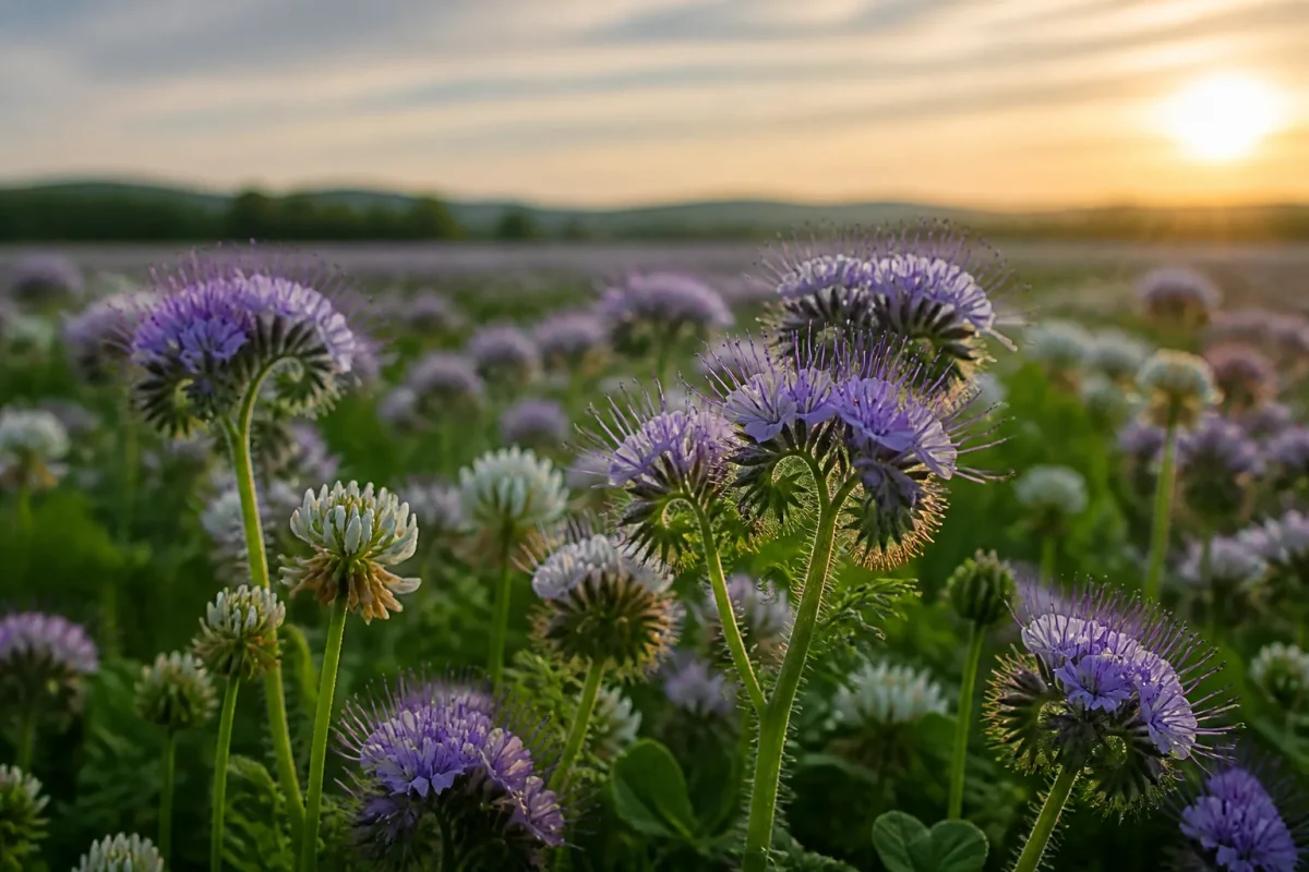 Champ de phacelie violette et trefle blanc au soleil