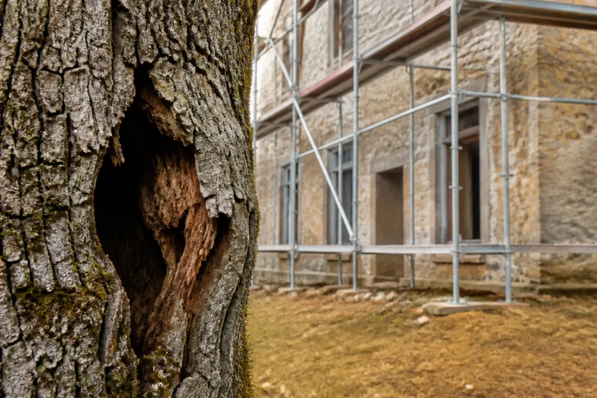 Chene creux et facade en renovation avec echafaudage