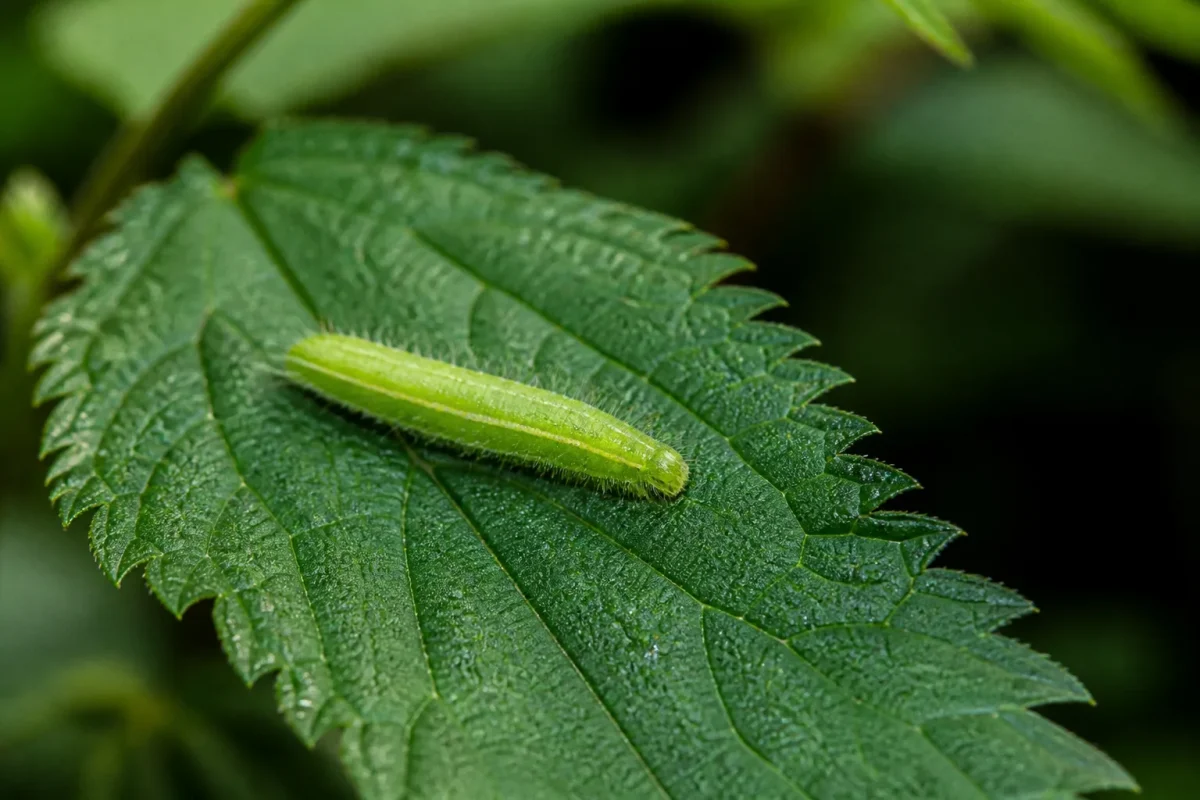 Chenille verte posee sur une grande feuille dentee
