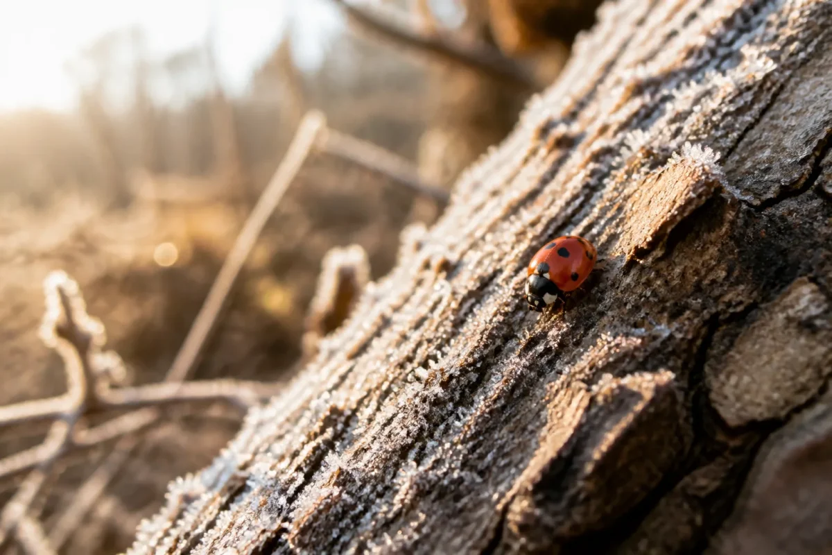 Coccinelle immobile sur une ecorce givree au soleil doux