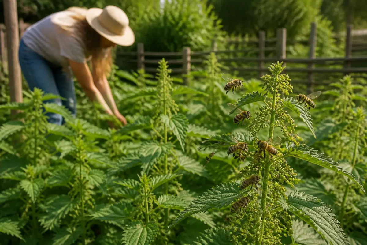 Coin sauvage de jardin avec orties et abeilles