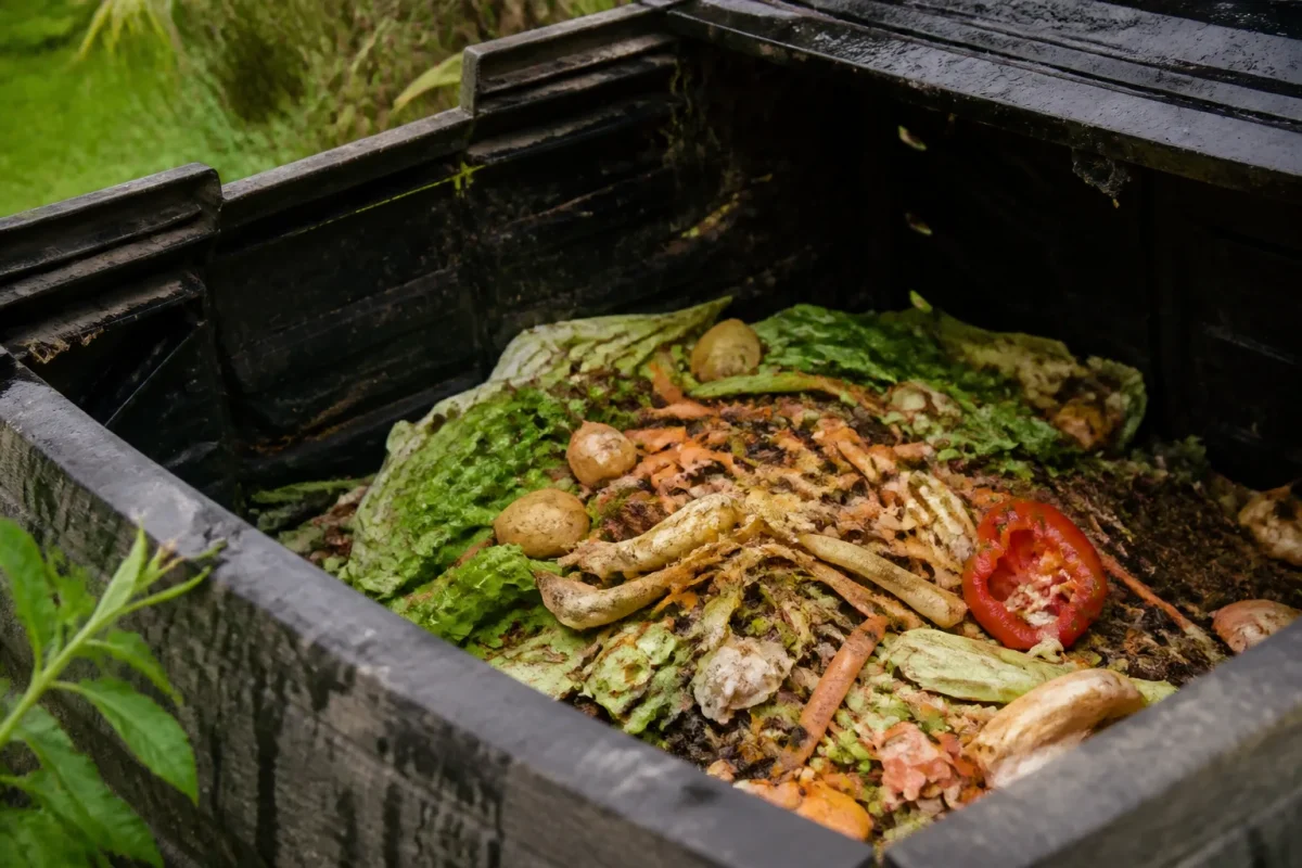Composteur de jardin ouvert, restes de legumes frais