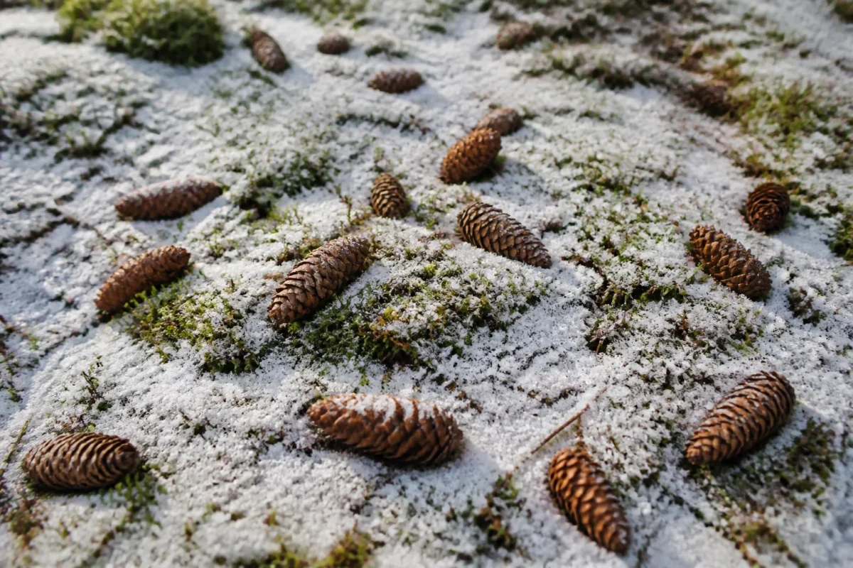 Cones bruns eparpilles sur tapis de mousse enneigee