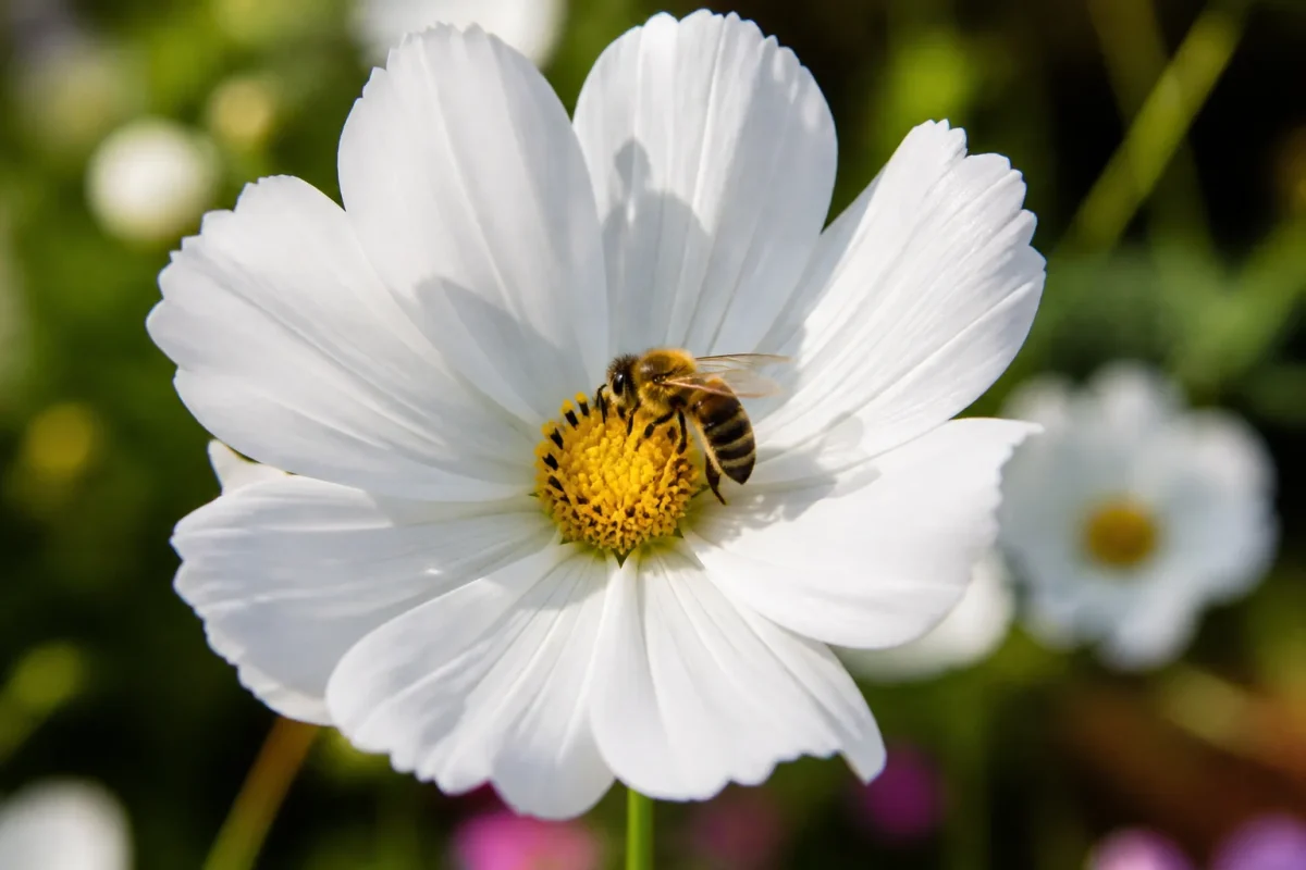 Cosmos simples a coeur jaune visible, abeille posee dessus